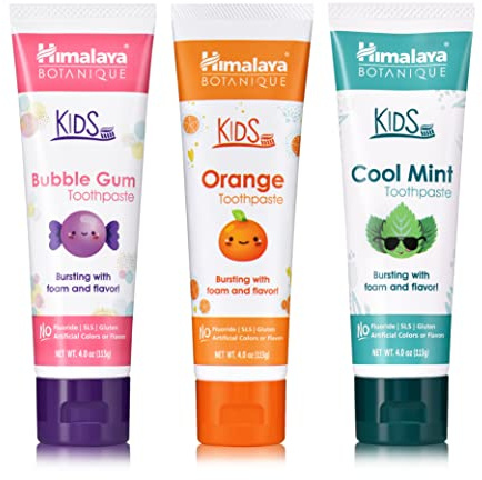 Himalaya Botanique Kids Toothpaste with Xylitol, Variety Pack of Bubble Gum, Orange & Cool Mint - Fluoride Free Toothpaste - Vegan, Gluten Free, No Artificial Flavors or Colors, 4 oz (Pack of 3)