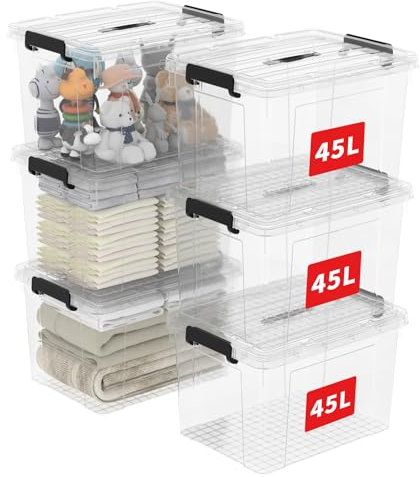Cetomo 45L*6 Storage Boxes, Carry Plastic Storage Box with Lids, Organizing Container with Handle and Secure Latching Buckles, Stackable, Nestable, Tote Bin for Home Office Clothes, 45L-6Pack, Clear