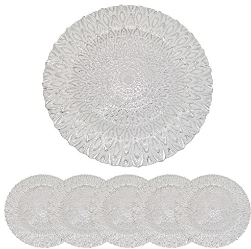 Trimming Shop Dekorative Platzteller für Partys, Pfauen-Design, Glasteller für Abendessen, Tischdekoration, Hochzeiten, Geburtstage, Partys, Geschirr, Catering-Events, 33 cm, Silber, 6 Stück
