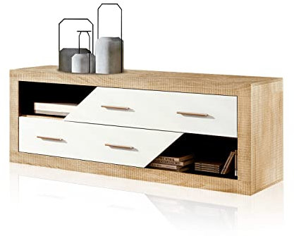 duehome | Salon Modular, Módulo Bajo con 2 Puertas, Composicion Salon por Piezas, Modelo Nuka, Acabado en Blanco y Cambria, Medidas: 130 cm (Largo) x 41,4 cm (Fondo) x 50 cm (Alto)
