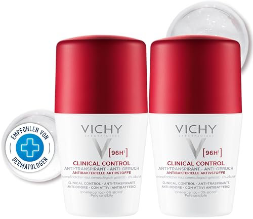 Vichy Clinical Control 96h Frauen, Deo-Roll-on für Frauen, Schweiß- und geruchshemmend, Antibakteriell, Hypoallergen, Alkoholfrei, Für empfindliche Haut, 2x50 ml