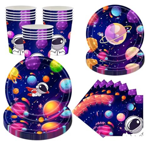 BlinBlin Galaxy Planet Theme Tableware, piatti di buon compleanno astronauta, stoviglie per feste a tema spazio, piatti, tazze e tovaglioli, forniture a tema Galaxy Planet, per 24 persone