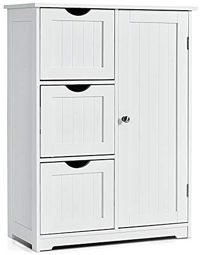 COSTWAY Bathroom Floor Cabinet, Wooden Free Standing Storage Cupboard with 3/4 Drawers, Adjustable Shelf and Door, Home Kitchen Living Room Hallway Organiser Unit (White, 3 Drawers)
