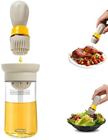 TINMIX Ölspenderflasche mit Grillbürste – Ölaufbewahrung und Spenderbehälter und Silikon-Backpinsel für Küche, Grillen, Backen und Kochen (OB21S-Grau), T-OB21S