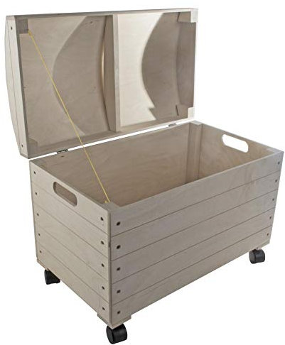 Extra Large Wooden Treasure Chest Storage Box on Wheels | 56.5 x 33.5 x 42.5 cm | Toy Tool Pirate Kids Bedroom Rounded Hinged Lid Trunk | Unpainted & Unfinished Plain Decorative Wood for Craft DIY