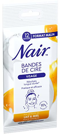 NAIR - Bandes De Cire Froide Visage, Peaux Sensibles, à l'Extrait de Lait & Miel, 97% d'Origine Naturelle, Format Malin 12 Bandes