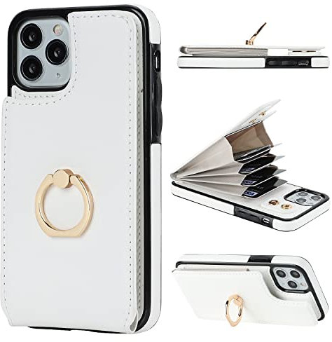 Folosu Compatible with iPhone 11 Pro Case Wallet with Card Holder, 360°Rotation Finger Ring Holder Kickstand Protective RFID Blocking PU Leather Double Buttons Flip Shockproof Cover 5.8 Inch White