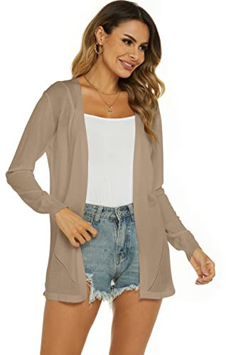Ietaoo Cardigan Lungo Donna Elegante Manica Lunga Giacca Cardigan Casual Maglia Cappotto Leggero Aperto Davanti Cardigan per Estivo Primavera Beige XL