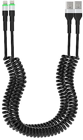 Coiled iPhone Lightning Cable 2 Pack, Apple Carplay & MFi Certified, Coiled USB to Lightning Cable with LED and Data Transmission, Retractable iPhone Charger Cord for Car