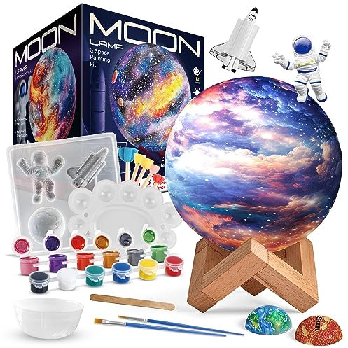 EDUMAN Arts and Crafts Kit for Kids, Paint Your Own Moon Lamp Kit, DIY 3D Moon Night Light with Space Figurines & Wooden Stand,Space Toys Easter Gift for Girls Boys Ages 6-12