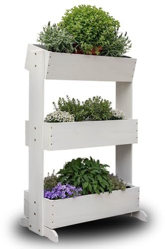 MaLa Hochbeet Balkon Weiß 3 Etagen Blumenkasten Gemüsebeet Kräuterbeet inkl. Gartenvlies schmales Vertikales Beet für Balkon Garten Terrasse Indoor aus Holz | Neigbare Funktion trifft Design