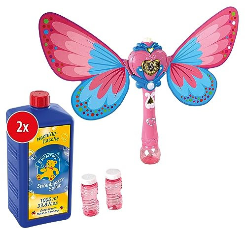 PUSTEFIX Zauberstab Butterfly I Seifenblasen Stab mit 2X Nachfüllflasche Maxi 1L I Mit Ventilator, Licht & Soundeffekten I Leicht abnehmbare Flügel
