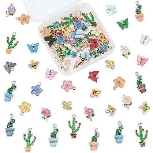 GOMAKERER 72 Stück Legierungs-Emaille-Anhänger, 6 Stile Blumenanhänger Kaktus Biene Legierungsanhänger Schmetterlingsanhänger Metallanhänger Für Halskette Armband DIY Handwerk Schmuckherstellung