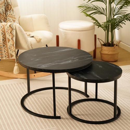 2er Set Couchtisch Rund Holz, Beistelltisch schwarz aus Metallgestell, Wohnzimmertisch, Beistelltisch, Kleiner Tisch, Moderner Runder Sofatische Kaffeetische Set für Wohnzimmer, Büro (Schwarz)