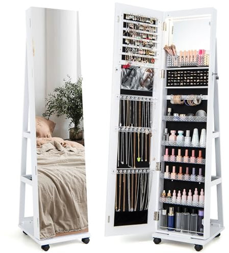 RELAX4LIFE Armadietto Portagioie con Luci LED a 3 Colori, Specchio da Terra con 3 Ripiani Portaoggetti e 4 Ruote Universali, Organizzatore per Gioielli e Accessori (Bianco, 156x38x40cm)