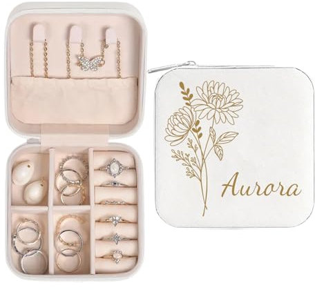 Rainsar Personalisierte Schmuckschatulle Personalisiert Reise Schmuckkästchen, Maßgeschneiderte Aufbewahrungsbox mit Ihre Initialen Namen und Geburtsblumen, Geschenk für Frauen und Mädchen