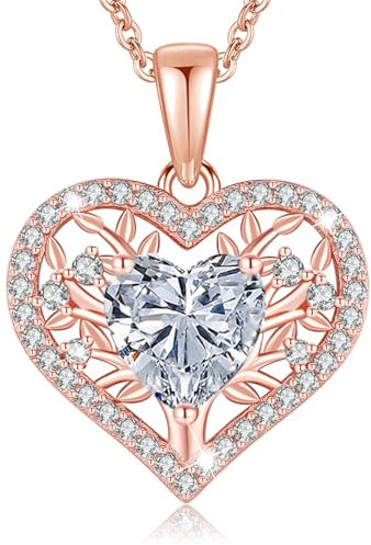 LAVUMO Lebensbaum Herz Kette Damen 925 Sterling Silber Geburtsstein Anhänger Halsketten Geburtstagsgeschenk für Frauen Freundin Mama Valentinstag Muttertags Weihnachten (Roségold-04-April)