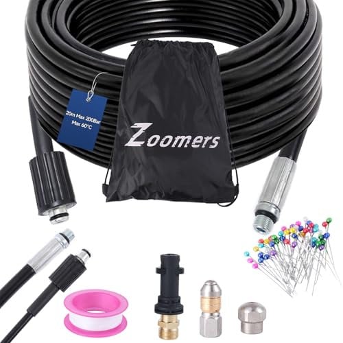Zoomers Kit di Sonda Sturatubi per Idropulitrice: Tubo Idropulitrice Sonda Sturatubi 20m 200bar 60°C,Adattatore per K2-K7 Kärcher Pistola, 2 Ugelli G1/8 per la Pulizia delle Tubature.