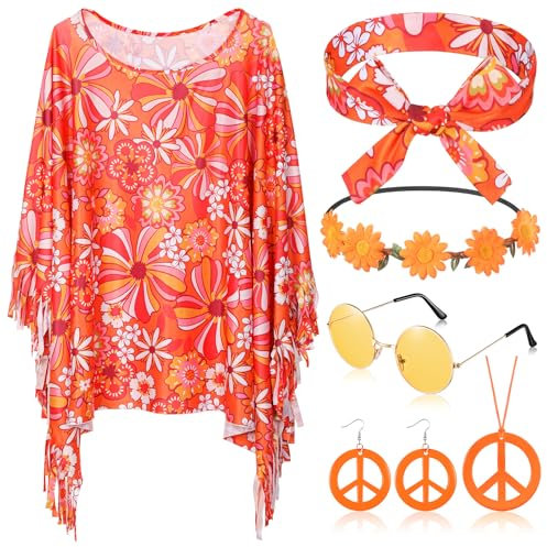 HICARER 6 Stück Hippie Kostüm Set inklusive Hippie Poncho Frieden Zeichen Halskette Ohrringe Stirnband Hippie Sonnenbrillen 60er 70er Jahre Bekleidung Accessoires für Damen (Orange, Lebendige Blume)