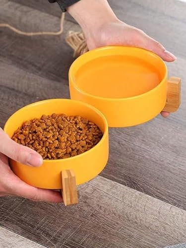 Bol Double en céramique pour Chiens et Chats, gamelle Durable pour Nourriture et Eau, récipient élégant et Pratique (Jaune)