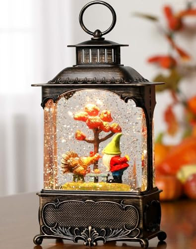Herbst-Schneekugel-Laterne, Herbst-Dekorationen für Zuhause mit Zwerg und Truthahn, glitzernde Schneekugel, Ernte-Tag-Dekorationen mit Timer für Herbst und Erntedankfest