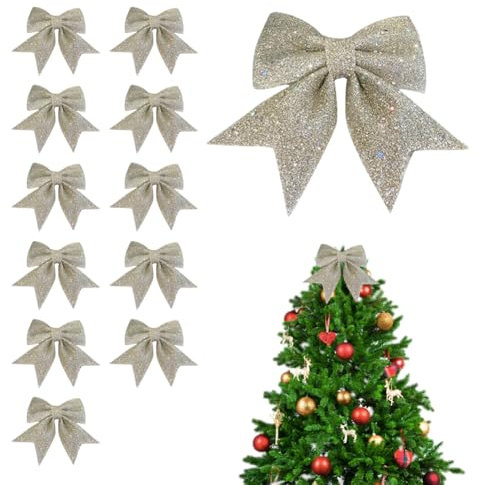 Schleifen,12 Stück Weihnachtsschleifen in Champagner, Schleifen Weihnachtsbaum, Glitzer Schleifen Weihnachtsbaumschmuck, Weihnachtsbaum Bogen Schleife, Glitzernde Bogen für Weihnachtsbaum Deko, Kränze