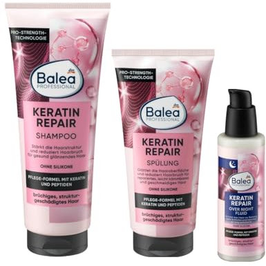 Balea 3er-Set Haarpflege: Professional KERATIN REPAIR Over Night Fluid schützt beim Schlafen (100 ml) + Shampoo Keratin, (250 ml) + Conditioner Keratin& Spülung (200 ml), 550 ml