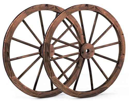 SOARS Wagenrad Holz 2er Set, Wanddekoration Ø 76 cm mit Eisenblech, Holzrad Hängende Räder rustikales Kutschenrad zur Dekoration für Garten & Bar, Braun