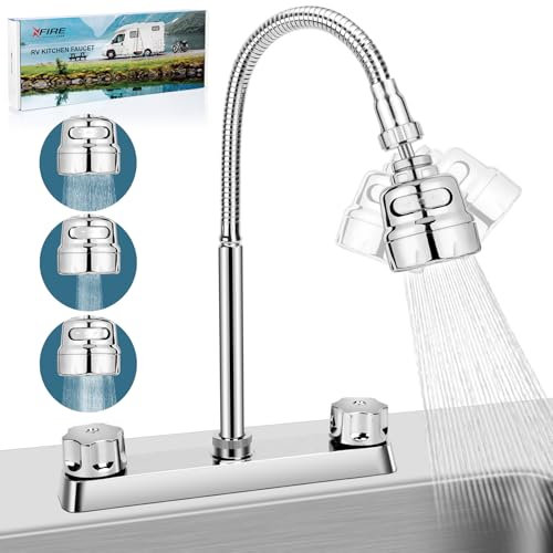 XFIRE-GEAR Robinet de cuisine 3 modes pour camping-car, 20,3 cm avec arc flexible et fonction pulvérisateur rotatif à 360 degrés, robinets d'évier pour camping-cars, remorques de voyage (argent)