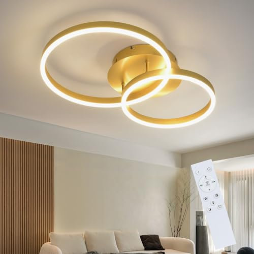 ZMH Deckenlampe LED Deckenleuchte Wohnzimmer - Wohnzimmerlampe Modern Design Dimmbar 59CM Schlafzimmerlampe mit Fernbedienung Gold 2 Ring aus Acryl 46W Deckenbeleuchtung für Schlafzimmer Küche
