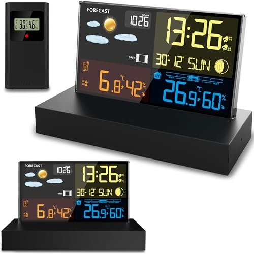 Berdsen Wetterstation Thermometer Innen Außen Kabellos Digital Hygrometer DCF Barometer Schwarz