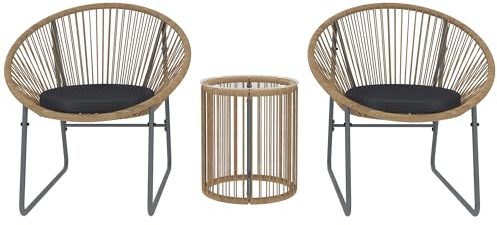 Outsunny Set da Giardino 3 Pezzi in Rattan PE e Acciaio, Set 2 Sedie con Cuscini Lavabili e Tavolino da Caffè a Cilindro con Piano in Vetro, Set di Mobili da Balcone, per Patio e Cortile, Color Legno