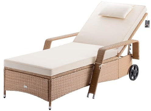 Casaria® Sonnenliege mit Rollen 7cm Auflage Extra Breit 90cm Gartenliege Wetterfest Balkonmöbel 165kg Belastbar Terrassenmöbel Liegestuhl Polyrattan Creme