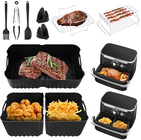 LUOJINYI Silicone Moule Air Fryer pour Ninja Foodi Flex 10.4 l AF500EU(1x10,4L & 2x5,2L), 10 Pièces Accessoires Air Fryer,Moule Air Fryer, Grille Racks etc, Accessoires Air Fryer Ninja 10.4l