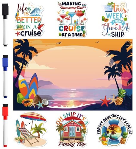 Cruise Door Magnets Decorations, 7PCS Tropical Vacation Funny Cruise Magnets for Ship Cabin Door, Cruising Must Haves Magnetic Signs, with 3PCS Pens