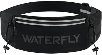 WATERFLY Running Belt Fanny Pack: Breathable 3 Pocket Waist Bag for Men Women Workout Exercise Fitness Phone Holder Fits All Phones - Runner Marathon Jogging Race Belt with Bib Clip Black