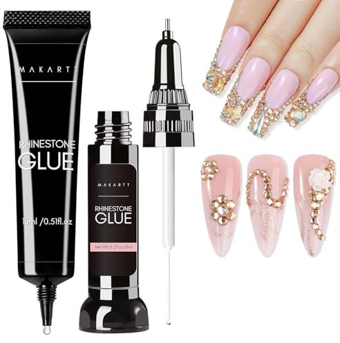 Makartt Nail Rhinestone Glue Gel Set - 3D Nail Charms Nägel Charms Nail Art Design Super Strong Adhesive for Charm Gems Jewel Crystal Beads Diamonds, 15ml & 8ml, Easy Use, Cured Need