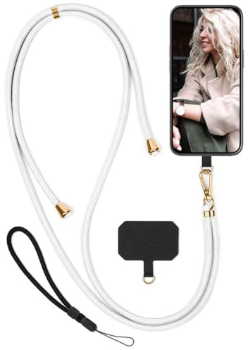 moex Unleash für Motorola Razr 60 Ultra Handyband zum Umhängen ohne Hülle, Handykette Universal mit Karabiner, Handy Band abnehmbar, Kette mit Pad für Handyhülle, Weiß, Gold