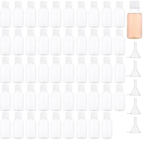LDHHYH 50 Pack 100ml Travel Bottles, Clear Plastic Bottles with Funnels | Small Plastic Bottles, PET Plastic,100ml Bottles, Graduation Marks, 22mm Mouth, Screw Lids, 5 Funnels