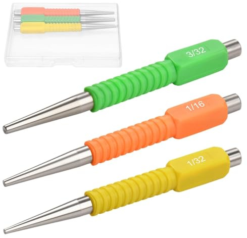 SPEEDWOX 3-teiliges Nagelstanzer-Set beinhaltet 1/32 Zoll, 1/16 Zoll, 3/32 Zoll Nagelsetter, Nagel- und Körner-Set, farbcodiertes Nagelset mit stoßdämpfendem Griff, mehrfarbig, mit einer