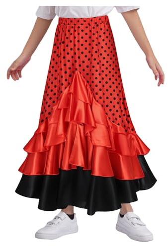Oyolan Kids Girls Spanish Flamenco Skirt Lyrical Polka-dot Ruffle Dance Dress Chiffon Ballerina Character Skirt Red 9-10 Years