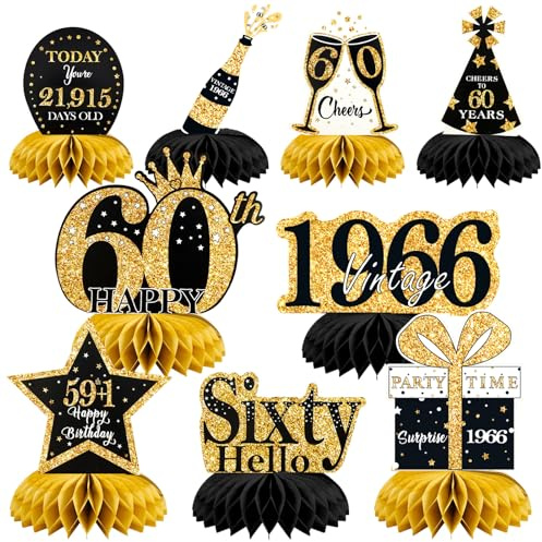60.Geburtstag Tischdeko Schwarz Gold | 9 Stück Bienenwaben Deko Tischaufsätze Set,60 Geburtstag Deko für Männer und Frauen,Tischdekoration für 60. jährige
