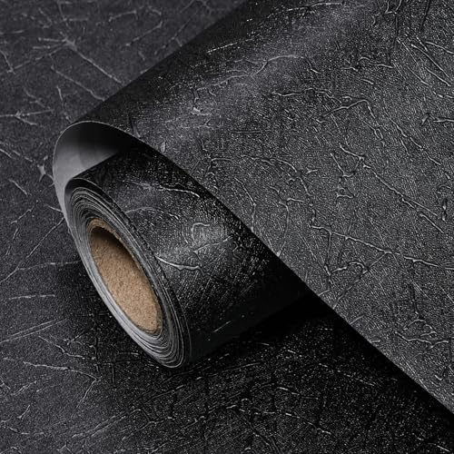 Uooar Black Peel and Wallpaper 44cmx305cm Self Adhesive Embossed Wallpaper Removable Contact Paper Silk Textured Vinyl Film for Bedroom, Living Room, Cabinets, Countertop