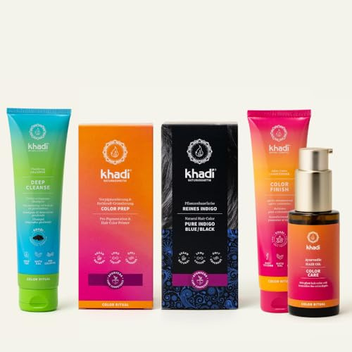 khadi ColorCycle INDIGO PURO Kit completo - Tinte vegetal para el cabello + DEEP CLEANSE Champú clarificante ayurvédico + COLOR FINISH Acondicionador para después del tinte + Aceite capilar COLOR CARE