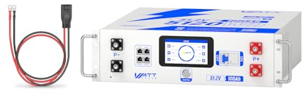 Wattcycle 48V 100Ah LiFePO4-Rack-Batterie mit Verlängerungskabel | 3U-Server-Rack-Batterie, integriertem Bluetooth und LCD-Display, unterstützt Parallelschaltung und CAN/RS485