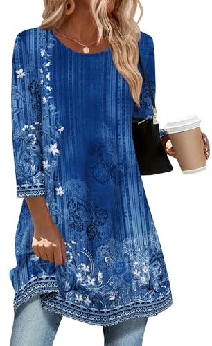 Zeagoo Womens 3/4 Sleeve Tops Casual Tunic Blouses Elegant Crew Neck Shirts | Ladies Floral Top Basic Longline Blouse S-3XL