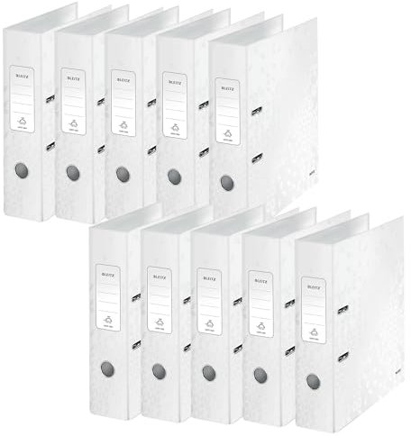 Leitz Qualitäts-Ordner 180°, 10er Pack, A4, 8 cm Rückenbreite, laminierte Graupappe, Weiß, WOW Serie, Design kann variieren, 10050001