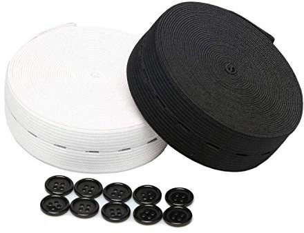Elastisches Knopfloch-Set mit 10 Harzknöpfen, elastischen Bändern, Spule zum Nähen von Taillenbund Hosen (5 Meter pro Farbe)