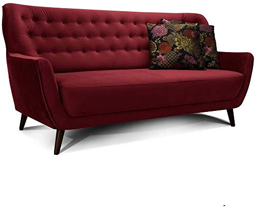 CAVADORE 3-Sitzer-Sofa Abby / Retro-Couch im Samt-Look mit Knopfheftung / 183 x 89 x 88 / Samtoptik, rot