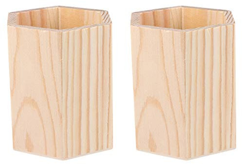 Healifty Pen Pot Pen Holder Hexagon Tube Wooden Pen Container Desk Organizer for Home Office